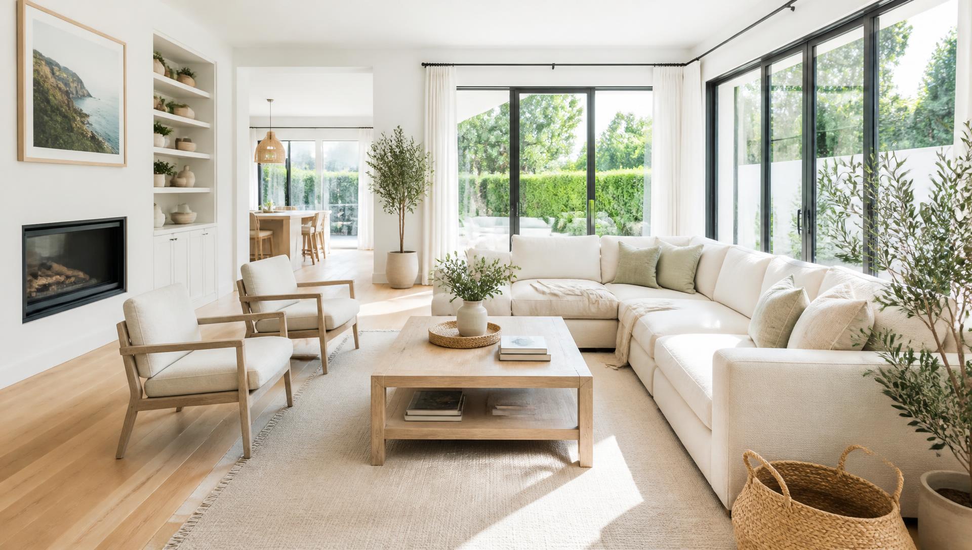 Residential house cleaner finishing a bright, freshly cleaned living room in a Medford, Oregon home